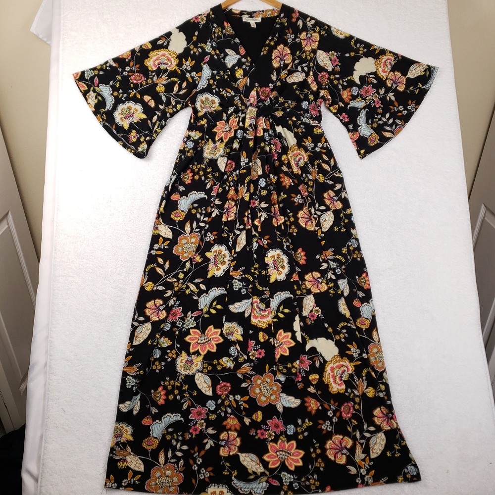 Jessica Simpson Maternity Floral Maxi Dress Black Bell Sleeve V-Neck Large